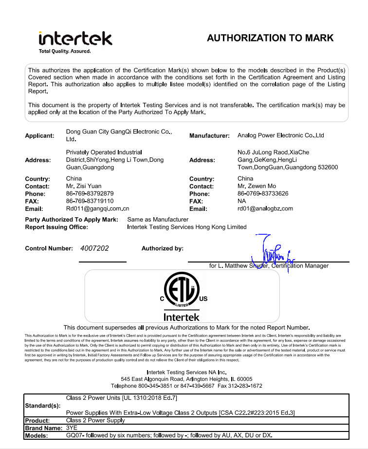 Dongguan Analog Power Electronic Co., Ltd Certifications