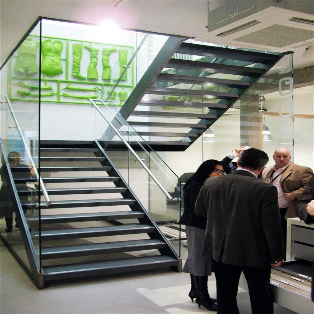 Buy cheap Iron straight staircase with toughed glass rail for indoor use product