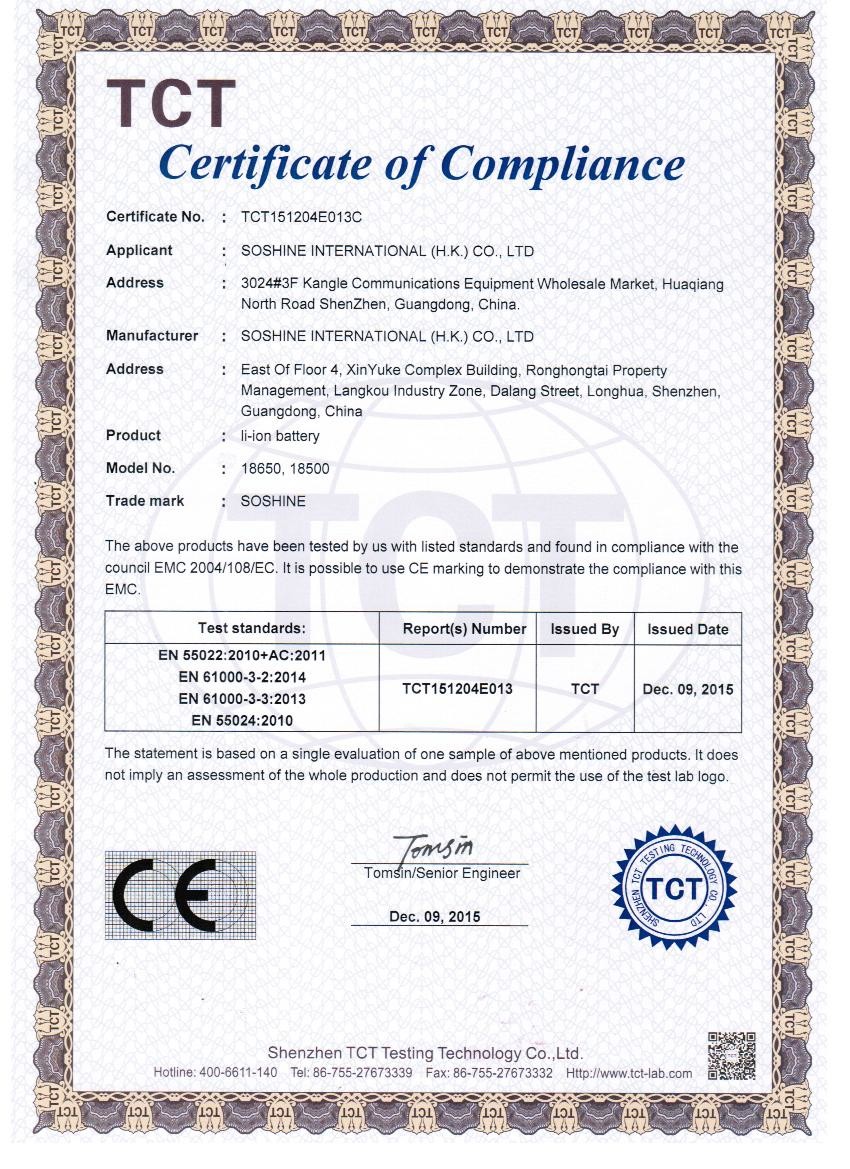 Shenzhen Soshine Battery Co., Ltd Certifications