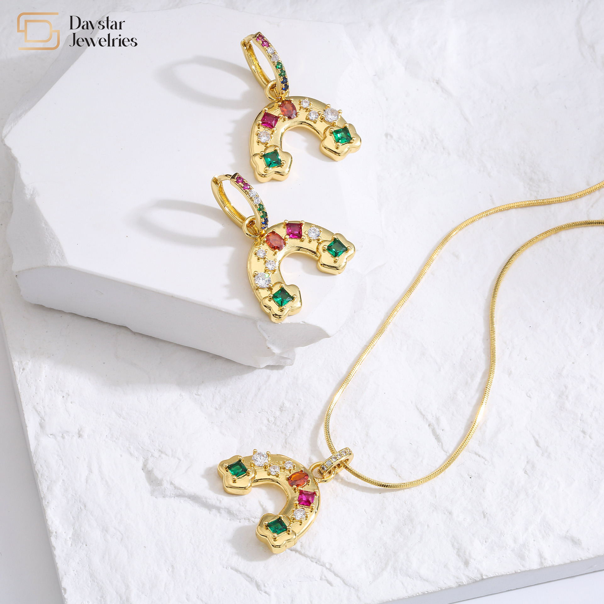 Buy cheap 18k Gold Plated Rainbow Jewelry Set Colorful Diamond Gemstone Pendant from wholesalers