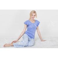 Button Placket Blue Womens Pyjama Sets Short Sleeve Top Customized Design
