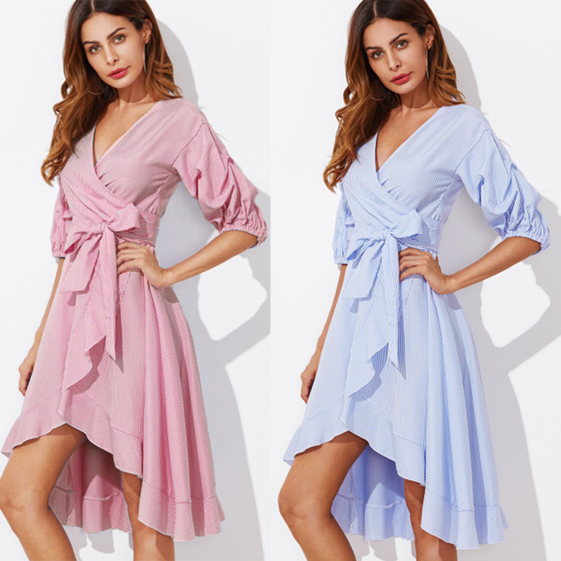 Buy cheap Asymmetrical Gathered Sleeve Surplice Wrap Pinstripe Dress For Women from wholesalers