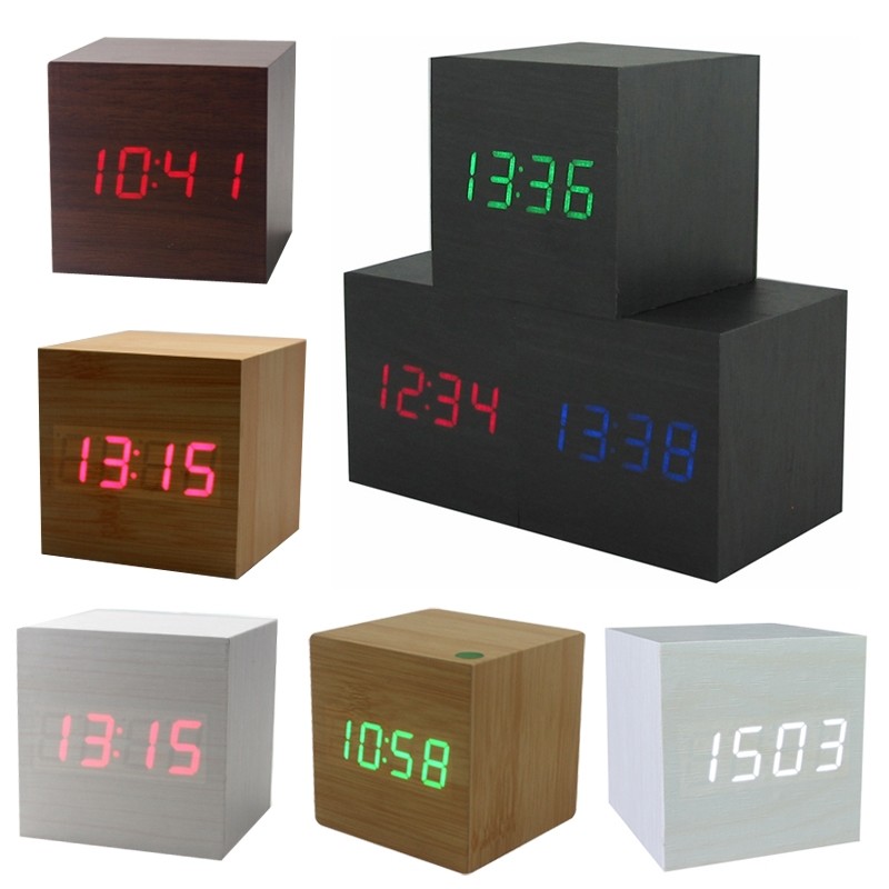 Buy cheap Hot USB/AAA Powered Cube LED Digital Alarm Clock Square Modern Sound Control Wood Clock Display Temperature Night Light from wholesalers