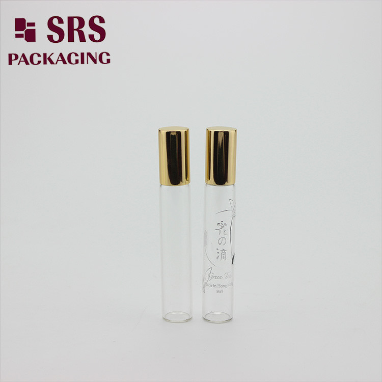 Buy cheap SRS empty 8ml clear glass perfume roll on bottle with gold aluminum cap from wholesalers