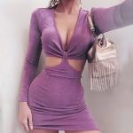 Buy cheap Hollow Back Bow Tie Long Sleeve V Neck Bodycon Dress from wholesalers
