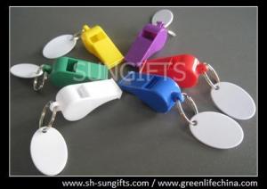 Buy cheap Colorful plastic promotional whistles with plastic white oval tags good alert promo gift product