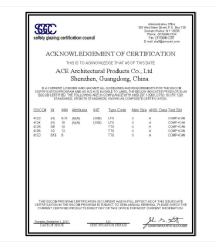 ACE Architectural Products Co.,Ltd Certifications