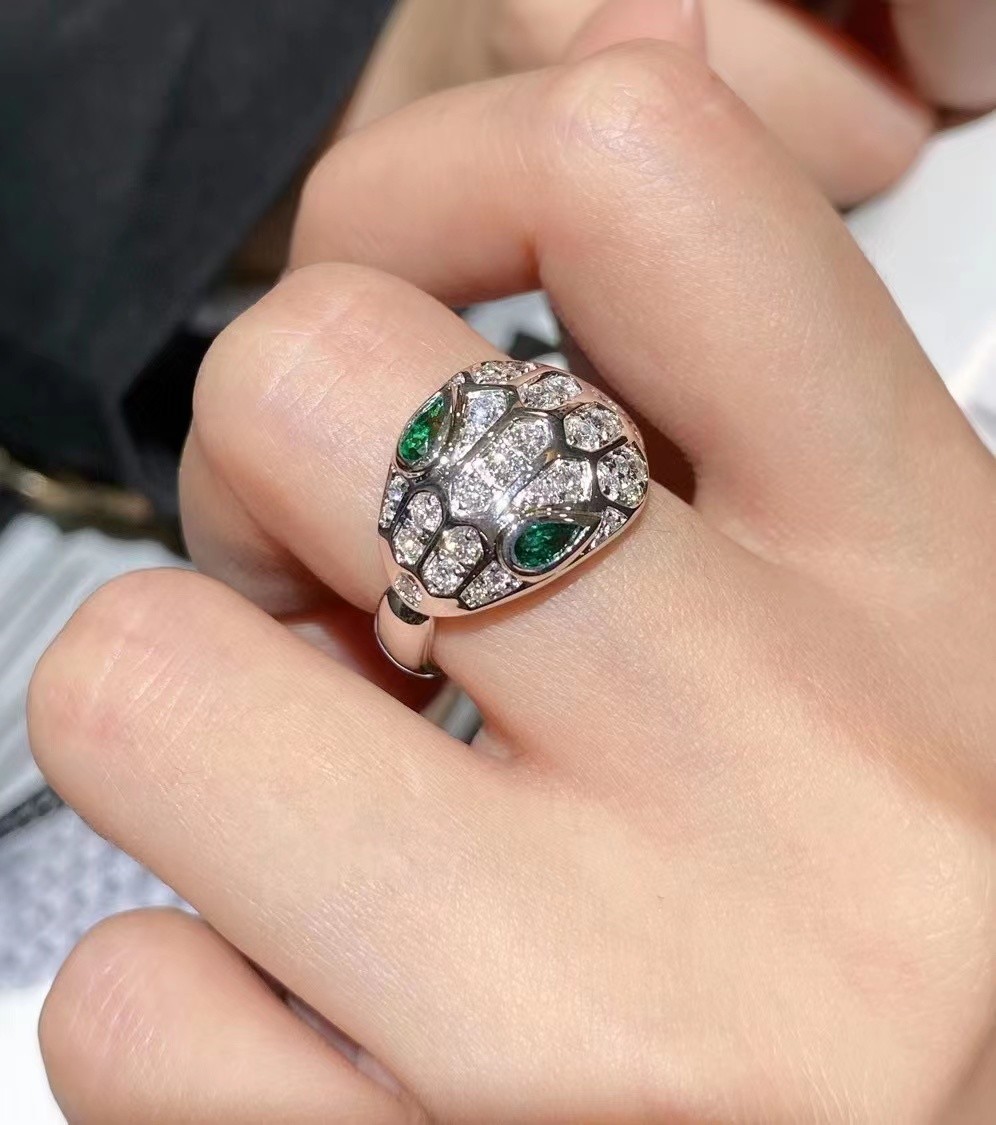 Buy cheap Custom Bvlgari Serpenti Ring Solid 18KT White Gold Set With Emerald Eyes Full from wholesalers