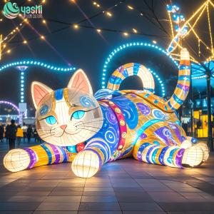 A glowing cat-shaped lantern made of wire, with a waterproof silk fabric cover