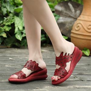 Buy cheap S012 Handmade original first layer leather fish mouth wedge heel women's sandals retro style thick-soled soft leather wo from wholesalers