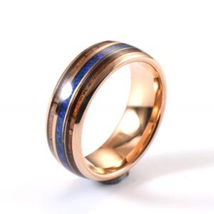 China Rose Gold Plated Tungsten Carbide Ring with Koa Wood and Blue Opal Inlay Unisex 8mm Fashion Jewelry Wedding Bands Rings on sale