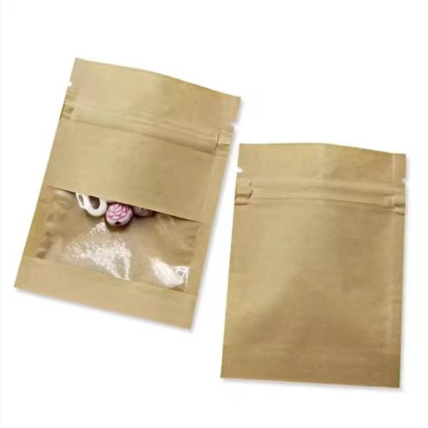 Quality Small Resealable Three Side Seal White Brown Kraft Paper Bags Zipper Pouches With Clear Window for sale