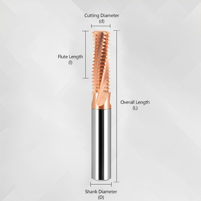 65° Full-thread Tungsten Carbide End Mill for M2 to M48 Threading with Single