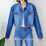 Buy cheap Distressed Stretch Printed Ladies Short Denim Jacket With Rhinestone Trimming from wholesalers