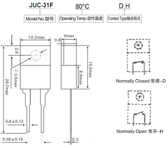 Thermal Protectors Mini Bimetallic Thermostat Switch JUC-31F For Commercial Product
