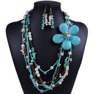 Buy cheap Exaggerated retro bohemian flower necklace turquoise Earrings Set from wholesalers