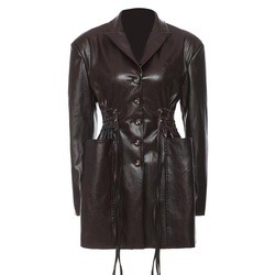Buy cheap Breathable Women Fashion Drawstring Oversized Midi Winter Pockets Long Leather Jacket Coat PU Jackets from wholesalers
