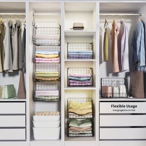 X-COSRACK 4 TIER FOLDABLE CLOSET ORGANIZER, CLOTHES SHELVES WITH 5 S HOOKS, WALL