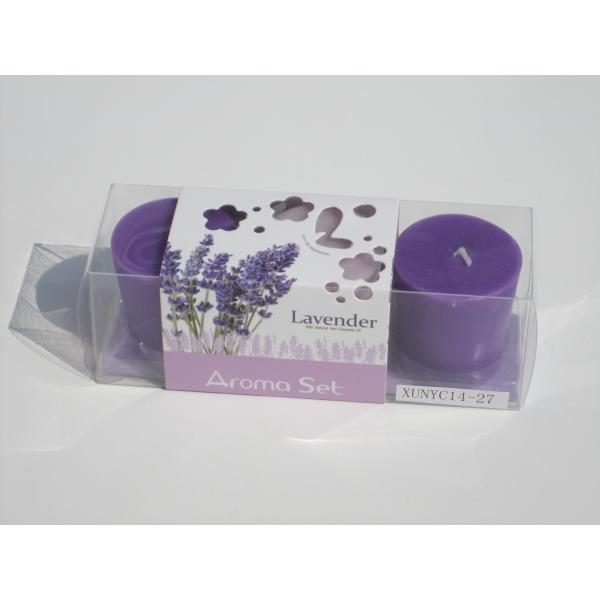 Buy cheap 3pk purple & pink lavender fragrance assorted pillar candle with printed wrapping label packed into clear box from wholesalers
