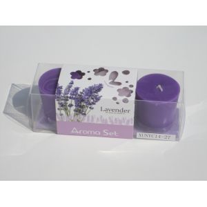 Buy cheap 3pk purple & pink lavender fragrance assorted pillar candle with printed wrapping label packed into clear box from wholesalers