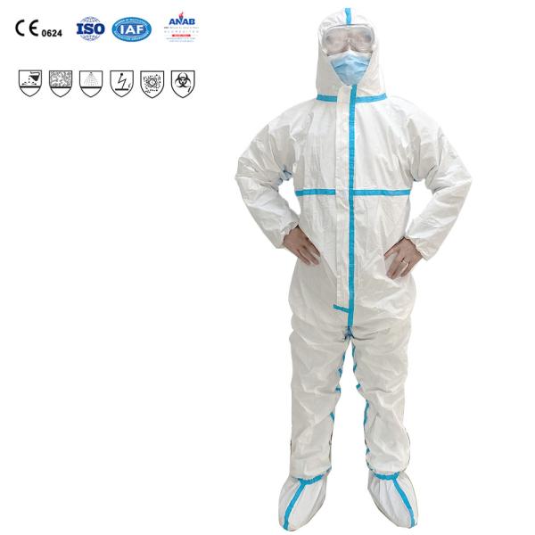 Quality Double Zip Custom White Disposable Coverall With Elastic Band Boots For Oil Mining for sale