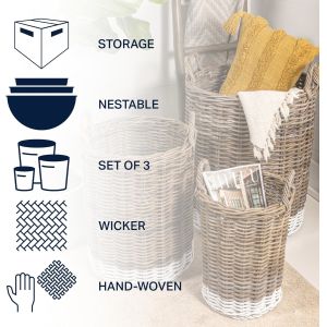 Buy cheap Hand-Woven Rattan Nesting Wicker Storage Baskets W/ Wheels And Handles, Seagrass Container For Decoration In Bedroom, Laundry Room,White Wash/Kubu Gray from wholesalers
