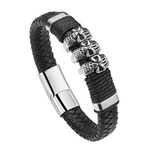 China Customization fashion jewelry black leather bracelet magnetic stainless steel bracelet on sale