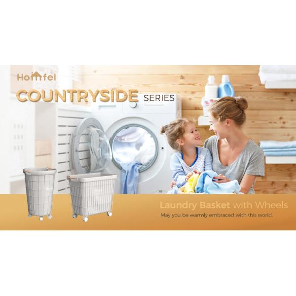 Home Rectangle Iron Metal Wire Laundry Basket with Bamboo Handle and Wheels