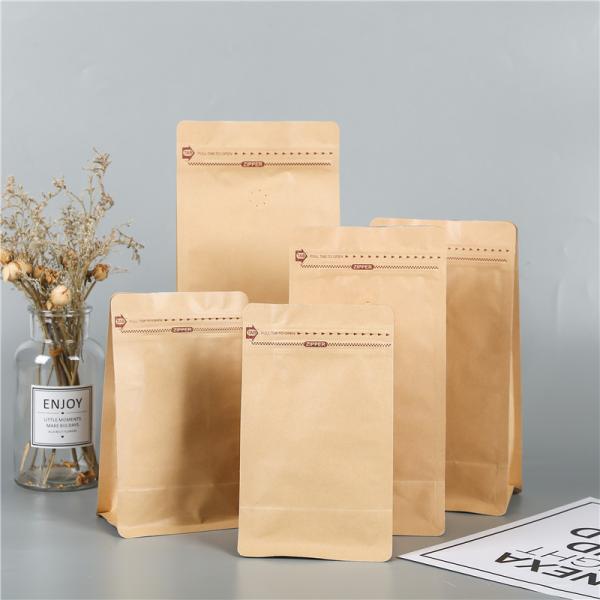 Food Grade kraft paper stand up coffee bag with valve and flat bottom aluminum foil inside and zipper top