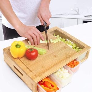 OEM ODM Natural Bamboo Cutting Board with Multifunction Storage and 4 Plastic