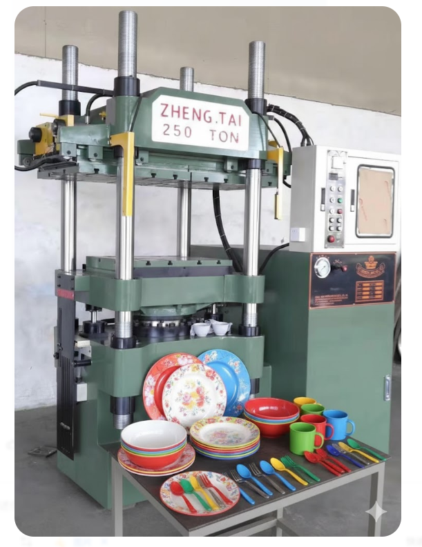 Various melamine tableware products manufactured by the machine