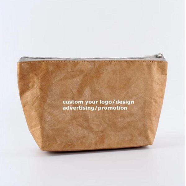 Custom LOGO Printed DuPont Paper Cosmetic Bag Tear-Resist Washable Tyvek Kraft Paper Bag Retro Travel Makeup Zipper Pouch