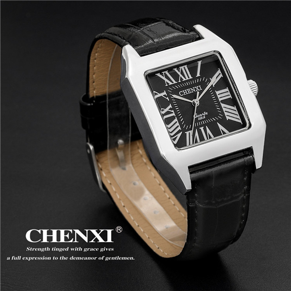 Tank Shape Unique Design Wristwatches Man Roma Numbers Stainless Steel Case Leather Watch
