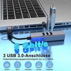 USB Type C LAN Adapter 6-in-2 USB C Hub with 3 USB 3.0 Ports and RJ45 Gigabit