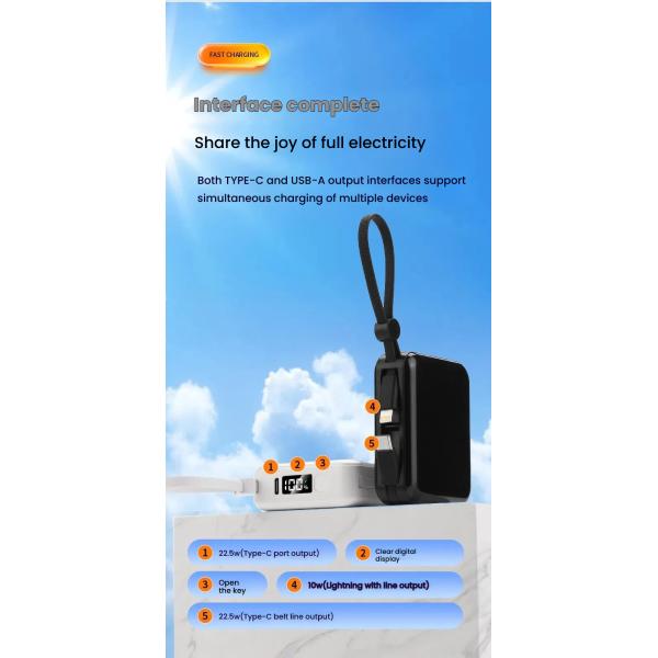 Portable Mini Power Bank 10000mAh 35W Super Fast Charging Power Banks With LED Display Built in Double-Cable Power Bank