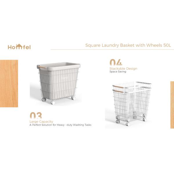 Home Rectangle Iron Metal Wire Laundry Basket with Bamboo Handle and Wheels