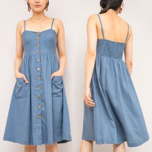 Buy cheap Summer chambray midi linen dress with a fit & flare silhouette and a button up front from wholesalers
