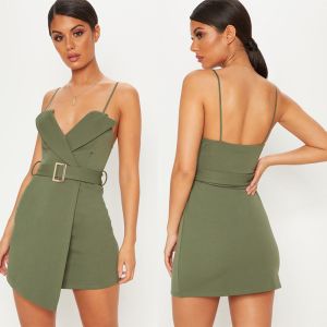 Buy cheap Women Khaki Tux Detail Belted Wrap Bodycon Dress With Spaghetti Strap from wholesalers