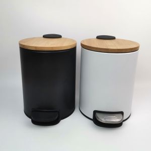 3L 5L Small Round Fingerprint-Proof Black Metal Step Trash Can with Bamboo Lid