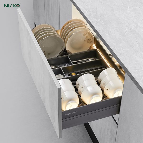 Quality Modular Bowl And Dish Pull out Basket Drawer Kitchen Storage Solution With Led Light for sale