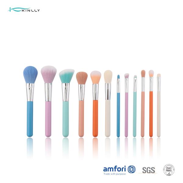 Quality 12pcs Travel Makeup Brushes Aluminium Ferrule ODM With Wooden Handle for sale