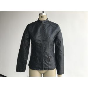 Buy cheap Black Ladies PU Jacket With Gunmetal Zip Through And Mandarin Collar TW76431 from wholesalers