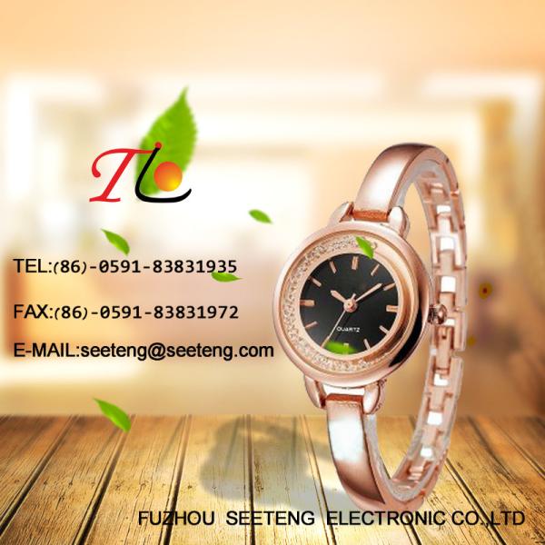 Buy cheap Ladies watch with golden metal band bracelet buckle and double circle case black color dial from wholesalers
