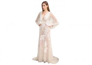 Buy cheap Deep V Neck Half Sleeves Long Wedding Dresses See Through Hollow Out from wholesalers