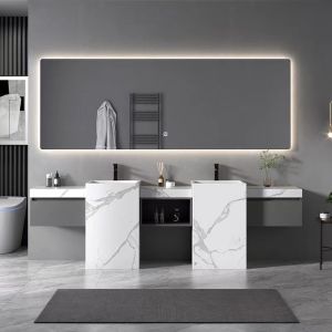 Buy cheap Modern Sintered Stone Slate Freestanding Pedestal Wash Basin Cabinet Set Bathroom Vanities from wholesalers