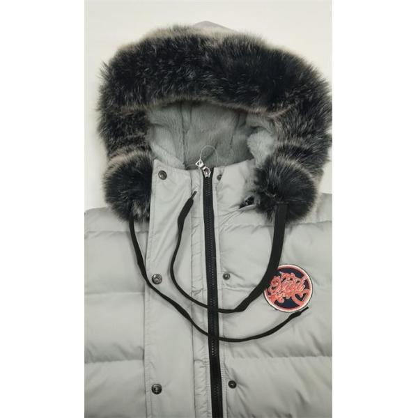 Grey Ladies Long Puffer Coat With Fur Hood Quilted