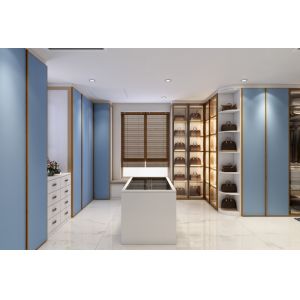 Blue Walk In Closet With Integrated Central Island Seamless Functionality