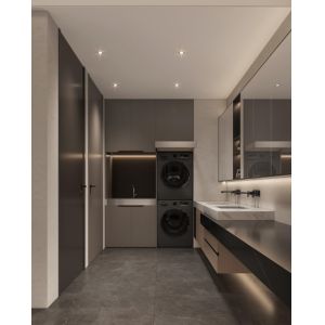 Dual Functional Meridian Gray Custom Laundry Room Cabinets With Quartz