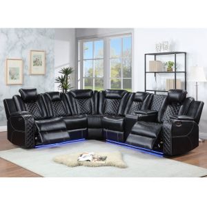 China Power Recliner Corner Sofa with 2 Power Recliner Seats and 2 Power Headrests and Storage Box and Storage Arms and LED Light, Black Breathable Leatherette on sale
