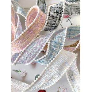 25mm Polyester Ribbon Lattice Plaid Ribbon Pearl Edge OEM ODM